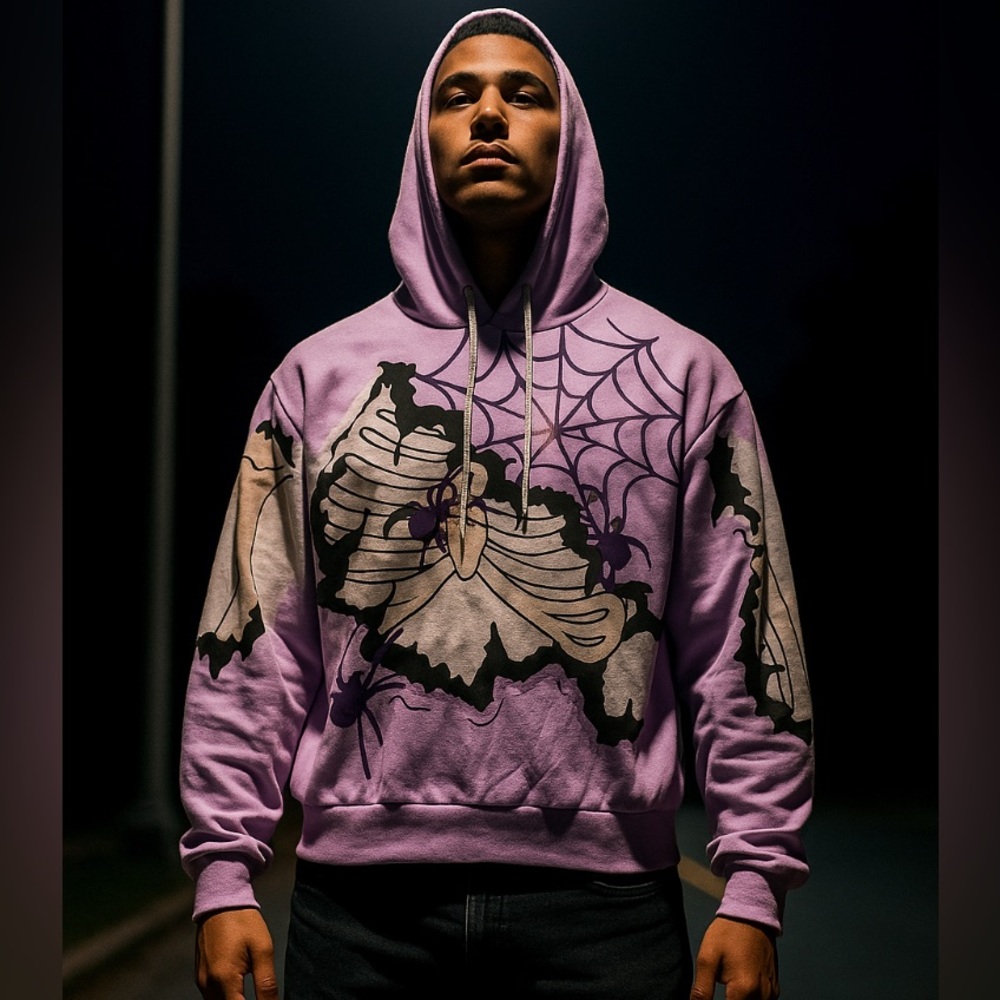 Oversized Streetwear Hoodie Bones Spider Purple Size‎ Large New!